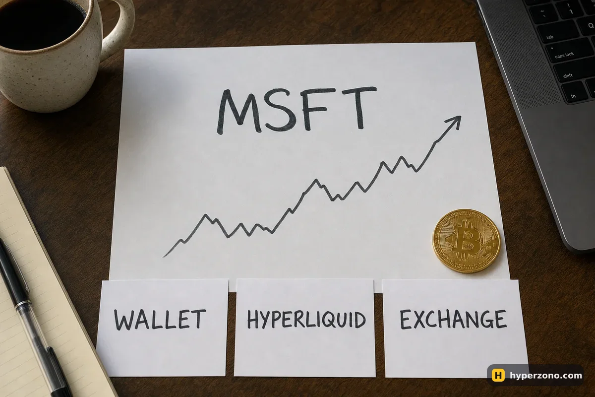 Paper chart labelled MSFT with three handwritten tags reading WALLET, HYPERLIQUID and EXCHANGE on a wooden desk