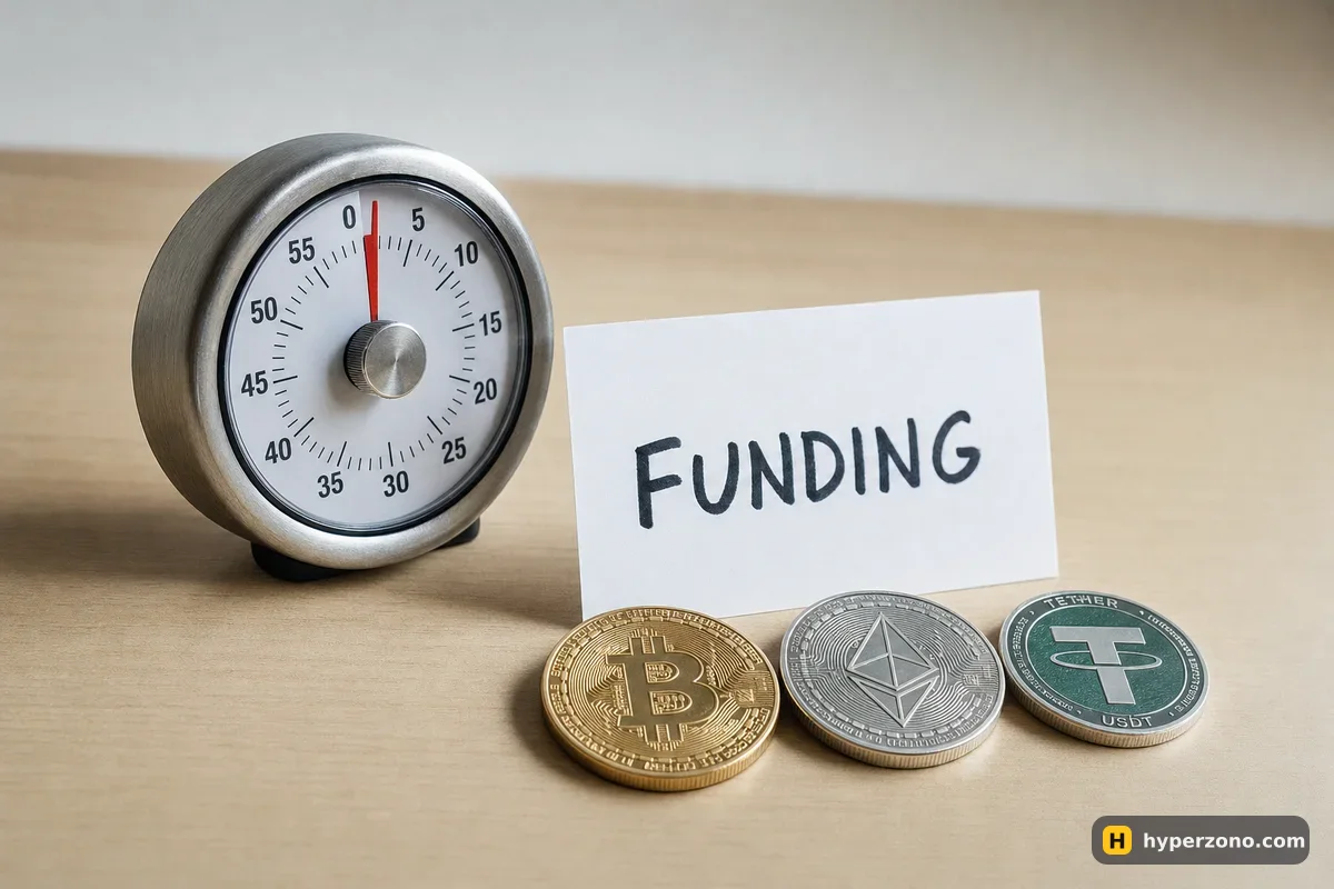 A kitchen timer beside a card reading FUNDING and three small coins on a wooden desk