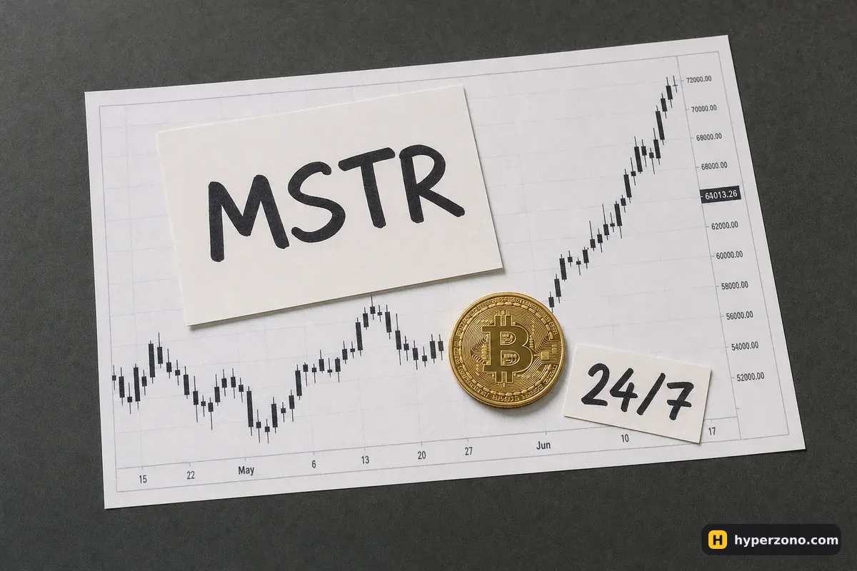 A card labelled MSTR and a Bitcoin coin lying on a printed candlestick chart