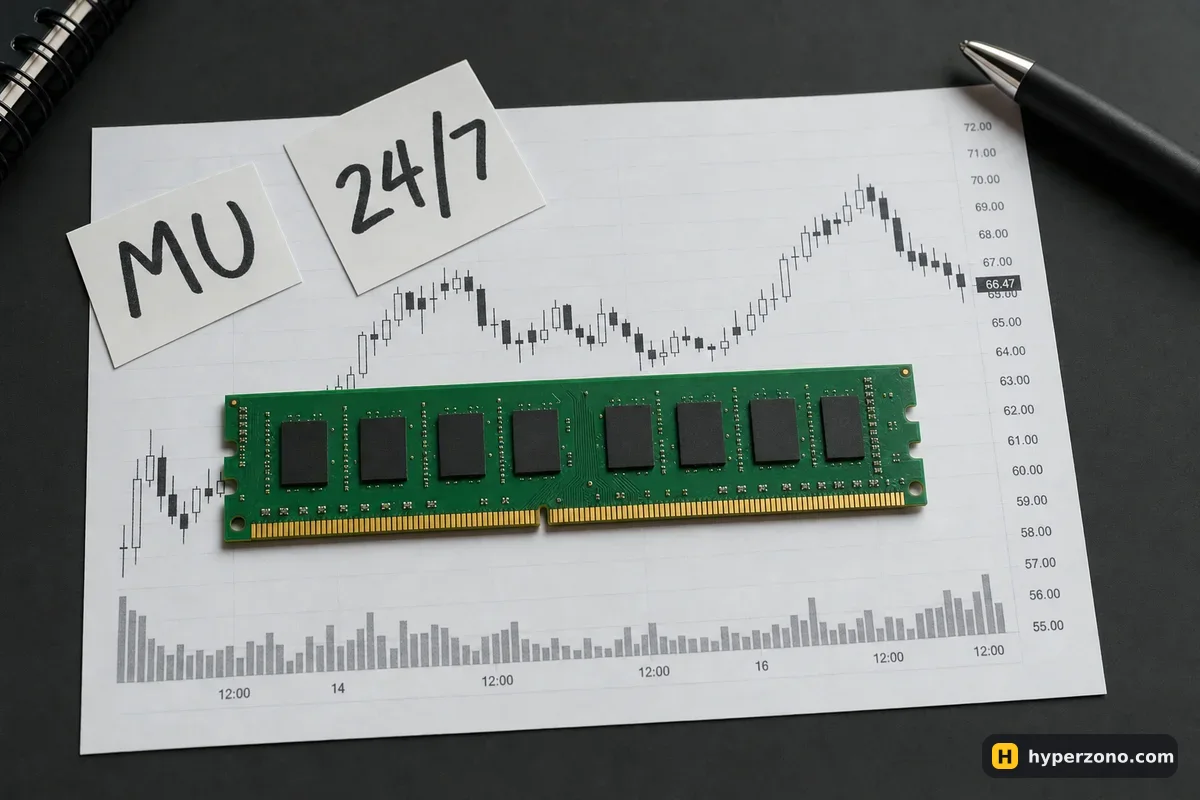 A memory chip module lying on a printed price chart next to paper tags reading MU and 24/7