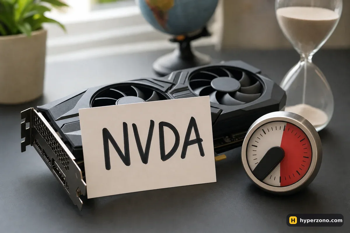 A graphics card on a desk with a card reading NVDA and a mechanical kitchen timer beside it