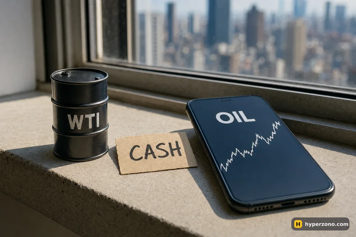 A small sealed metal oil drum labelled WTI next to a phone showing an oil price line, with a paper tag reading CASH between them