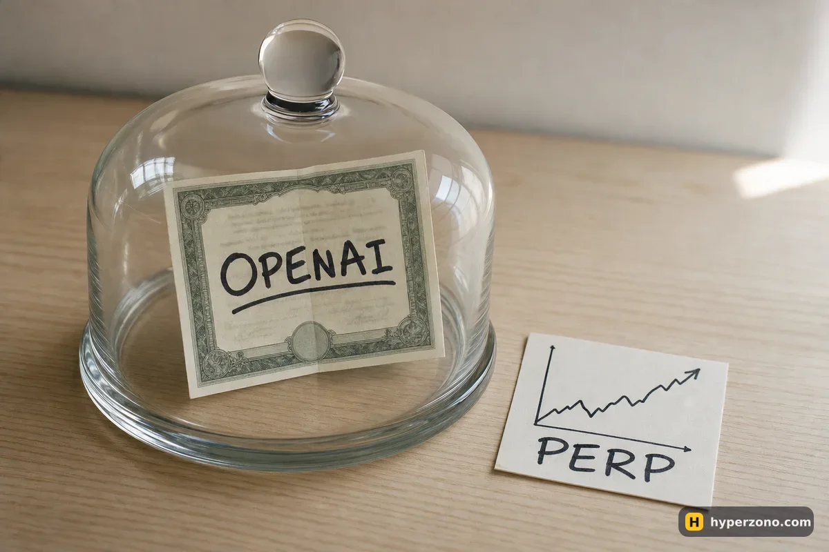 A paper certificate marked OPENAI sealed under a glass dome, next to an open card showing a rising price line labelled PERP