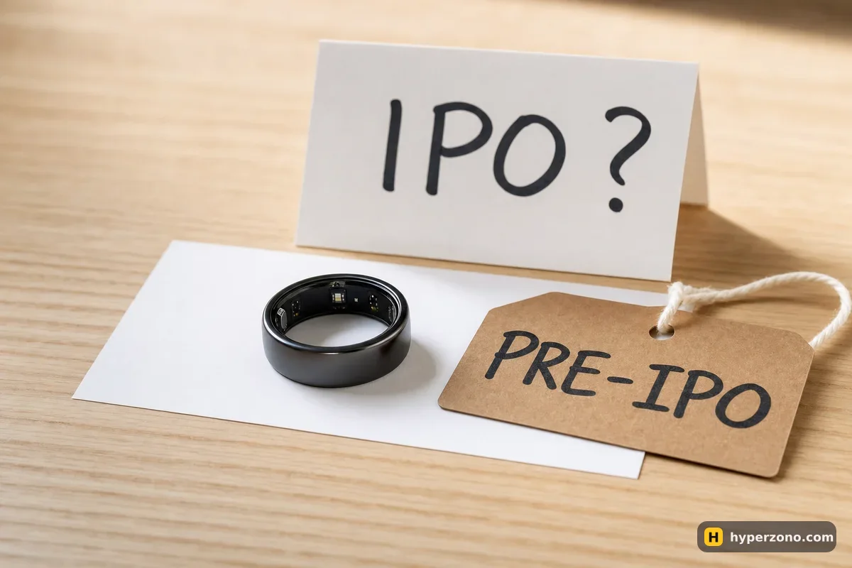 Black smart ring on a desk beside a paper price tag marked PRE-IPO and a small sign reading IPO with a question mark