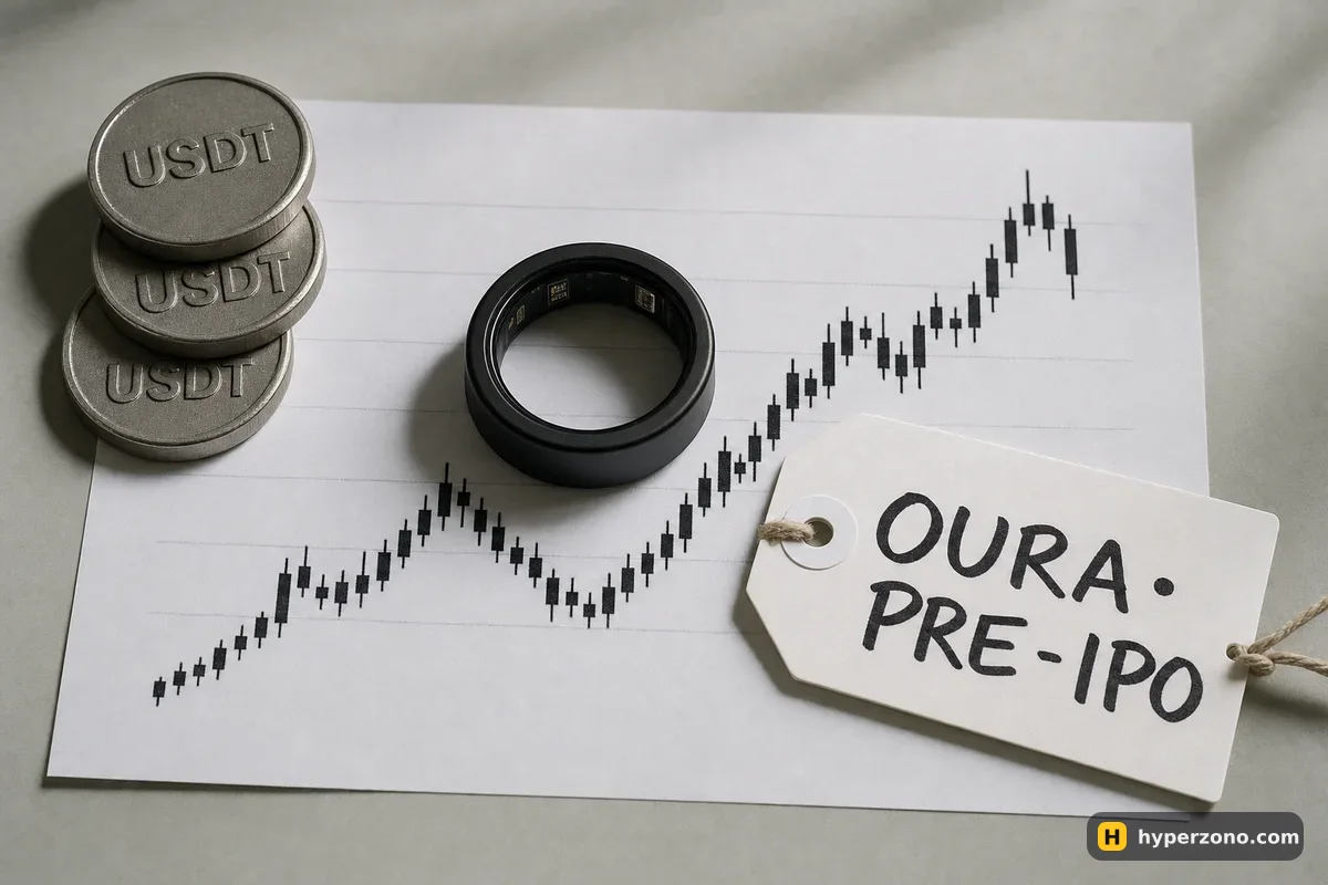 A black smart ring on a printed price chart beside a paper tag reading OURA PRE-IPO and three USDT tokens