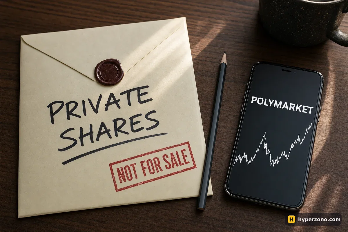 A sealed envelope marked PRIVATE SHARES next to a phone showing a Polymarket price line
