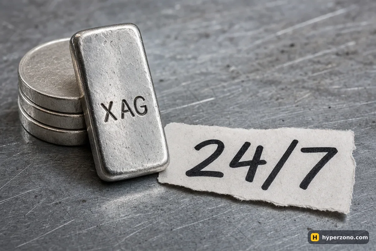 A silver bar stamped XAG leaning on silver rounds beside a handwritten 24/7 label
