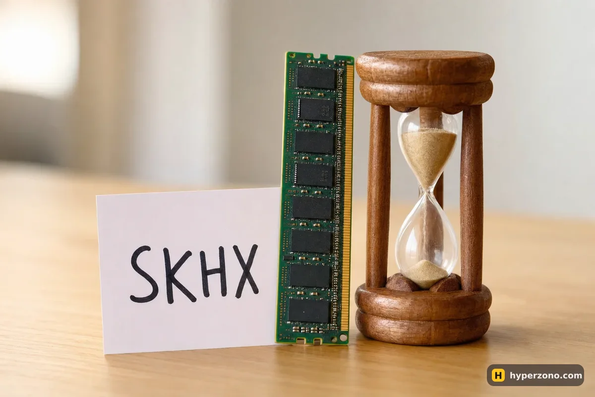 A RAM memory module labelled SKHX standing beside an hourglass on a wooden desk