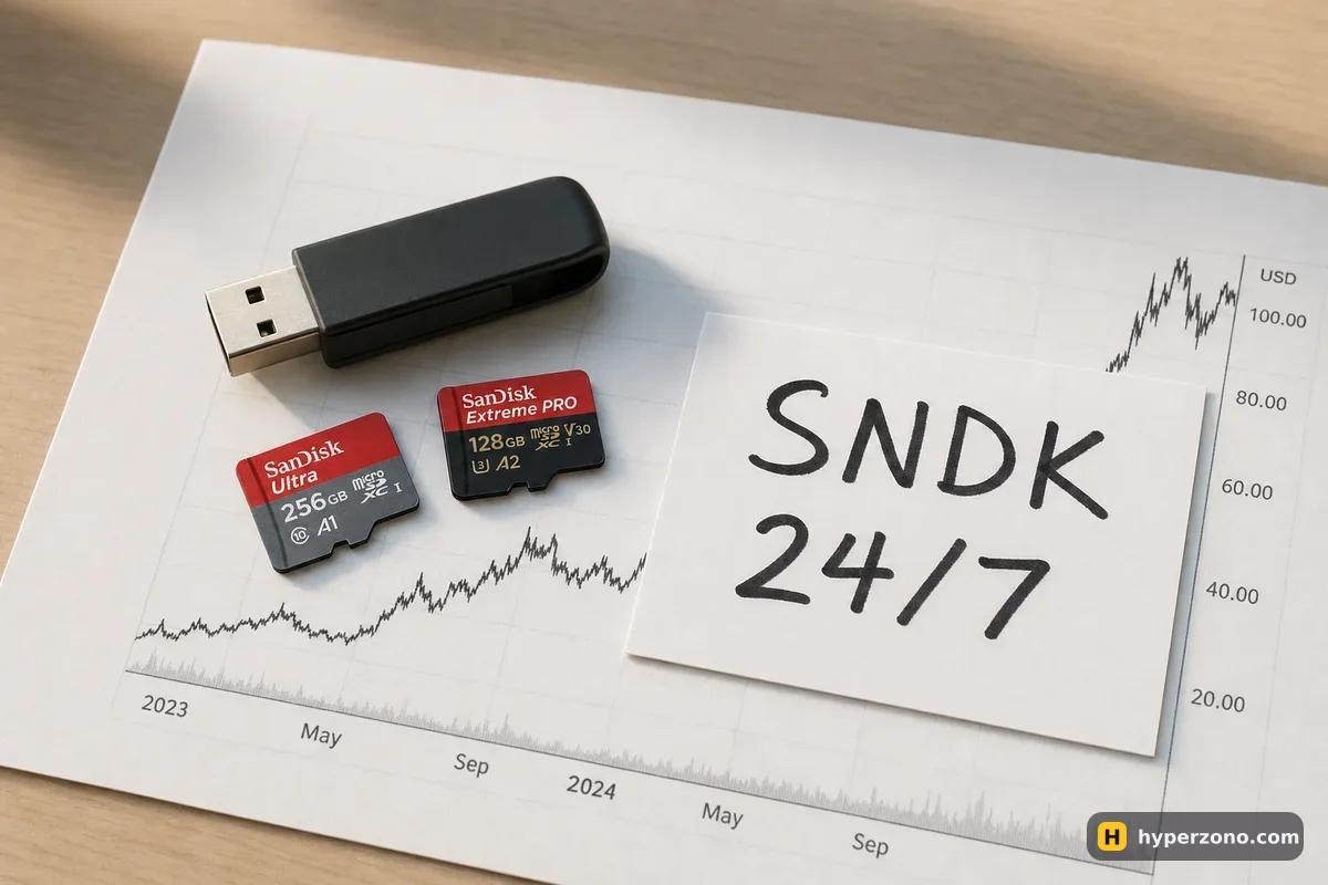 Memory cards and a USB drive on a printed price chart next to a card reading SNDK 24/7