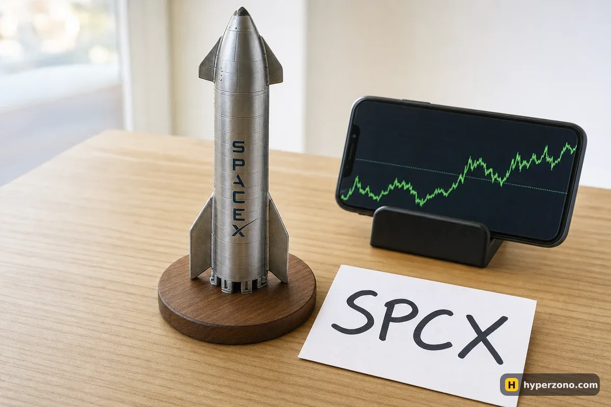 A small model rocket on a desk next to a card reading SPCX and a phone showing a simple price line