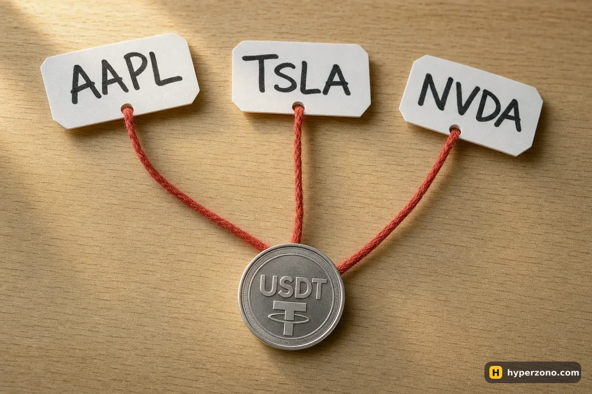 Three paper tags labelled AAPL, TSLA and NVDA tied with red string to a USDT coin on a wooden desk