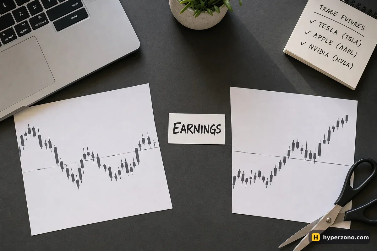 A printed stock chart cut in half with the two halves separated, a card reading EARNINGS lying in the gap