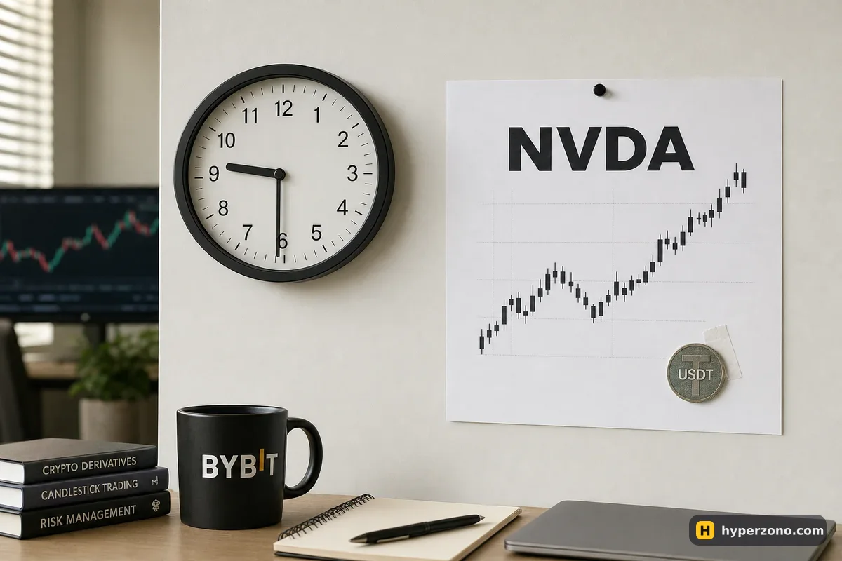 A wall clock showing 9:30 next to a printed NVDA candlestick chart with a USDT coin taped to it