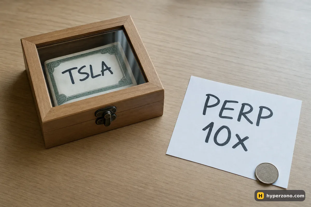 A glass-lidded box holding a paper marked TSLA on the left, and a flat sheet marked PERP 10x on the right