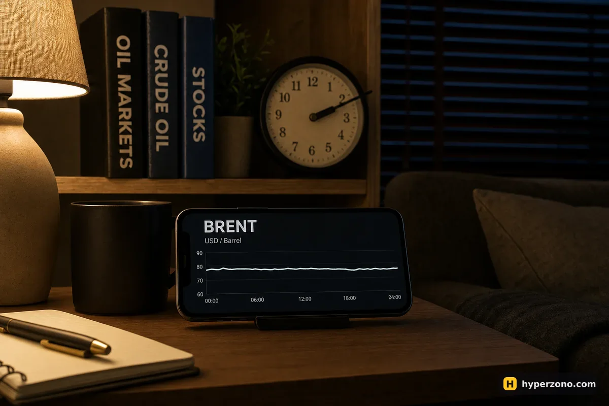 A phone showing a flat Brent price chart on a table at two in the morning