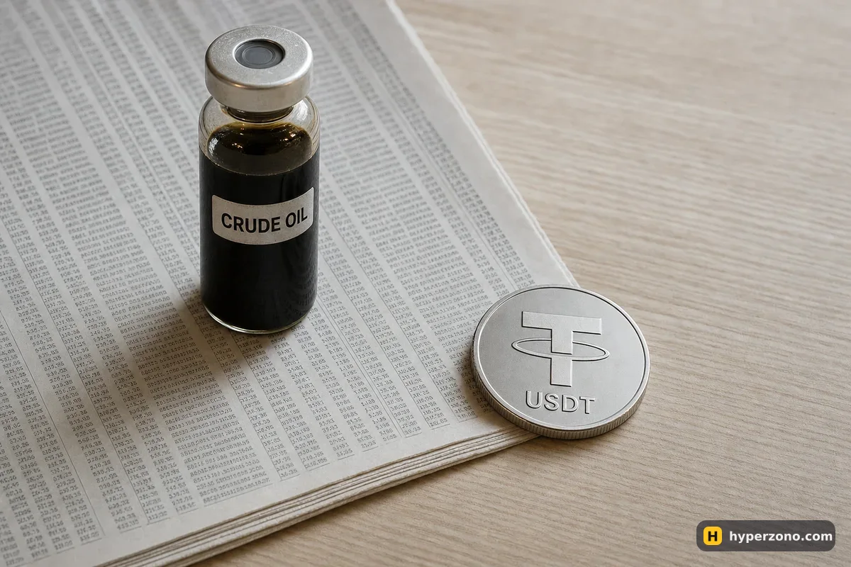 A vial of crude oil and a USDT coin resting on a newspaper page of share prices