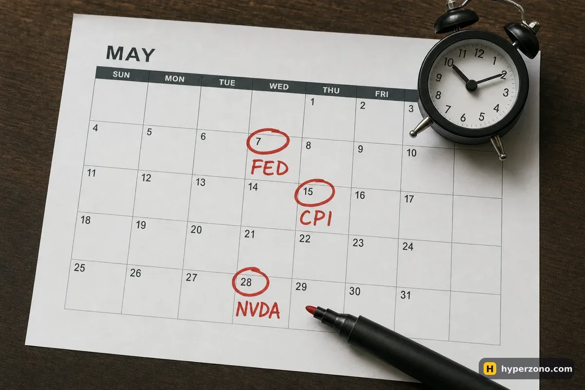 A paper calendar page with three dates circled in red marker and labelled FED, CPI and NVDA, next to a small alarm clock