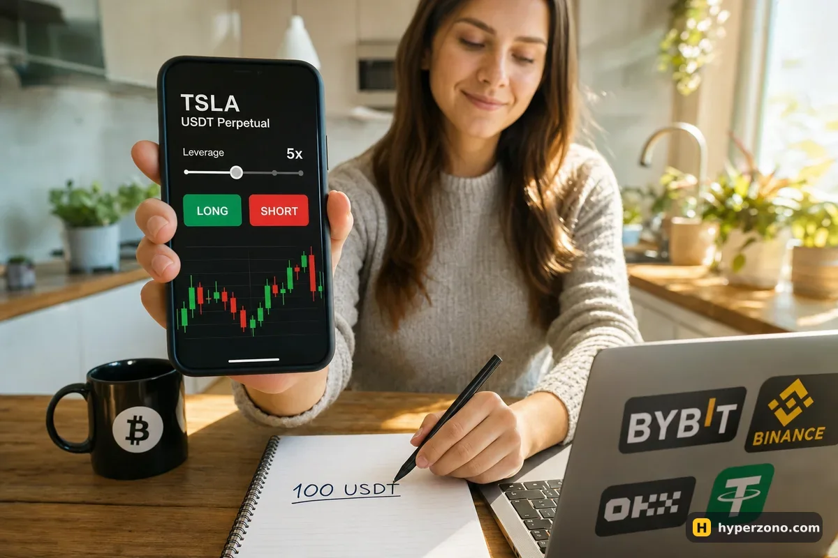 Woman holding a phone showing a 5x leverage slider and LONG and SHORT buttons next to a notebook with 100 USDT written on it