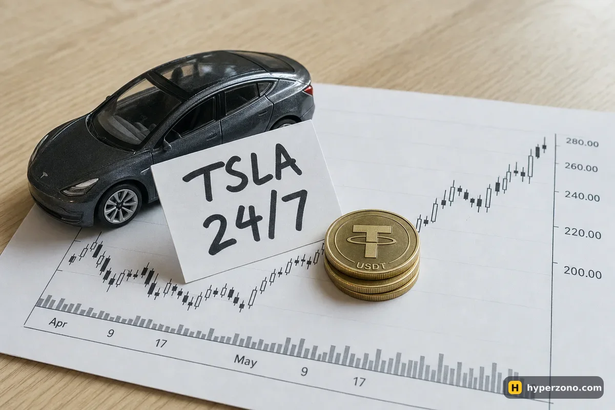 Model electric car standing on a printed candlestick chart next to a card reading TSLA 24/7 and USDT coins