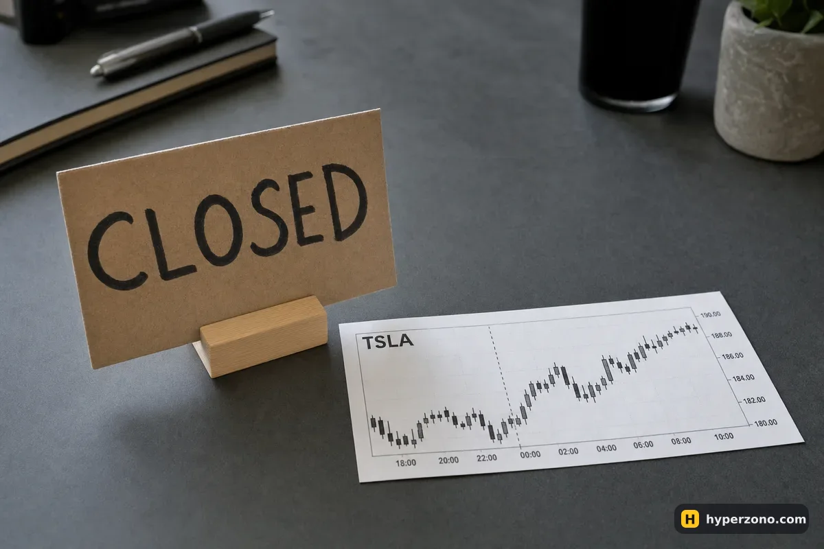 A small CLOSED sign standing next to a printed TSLA candlestick chart whose candles continue past it