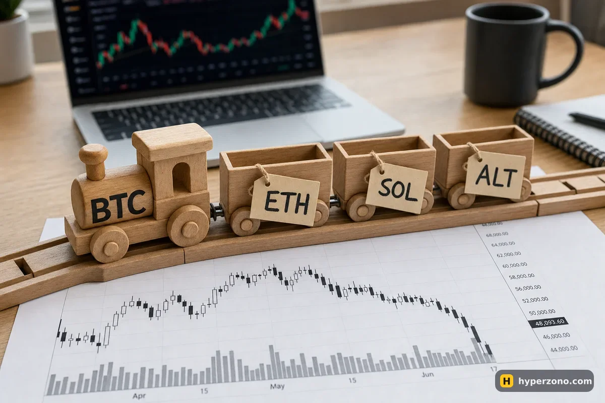 A toy train engine labelled BTC pulling three small wagons tagged ETH, SOL and ALT across a printed price chart