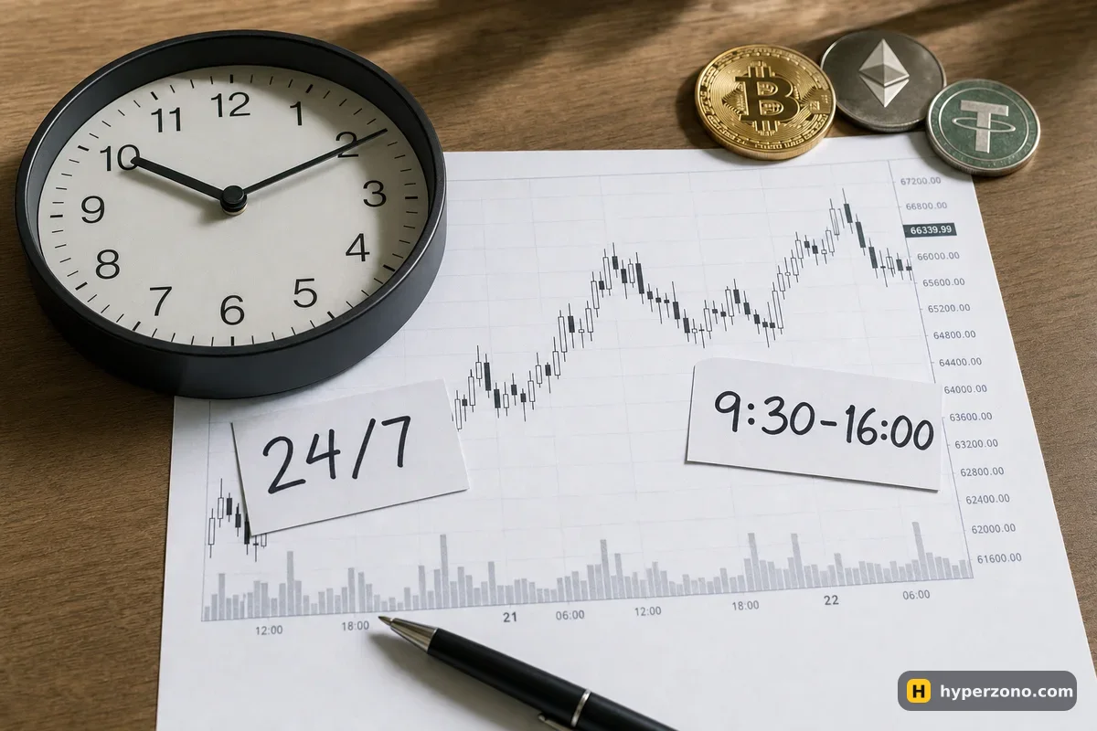 A clock beside a printed candlestick chart with cards reading 24/7 and 9:30-16:00