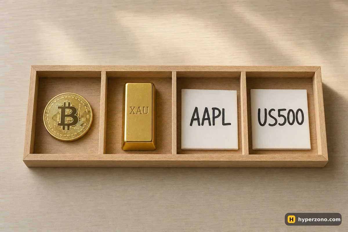 A wooden tray with four compartments holding a Bitcoin coin, a gold bar marked XAU, a card marked AAPL and a card marked US500