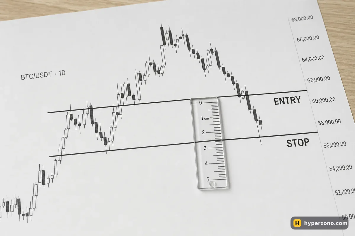 A printed candlestick chart with entry and stop lines drawn in pen and a ruler measuring the gap between them
