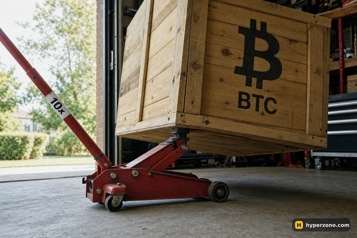 A car jack lifting a heavy wooden crate marked BTC, with a 10x label on the jack handle