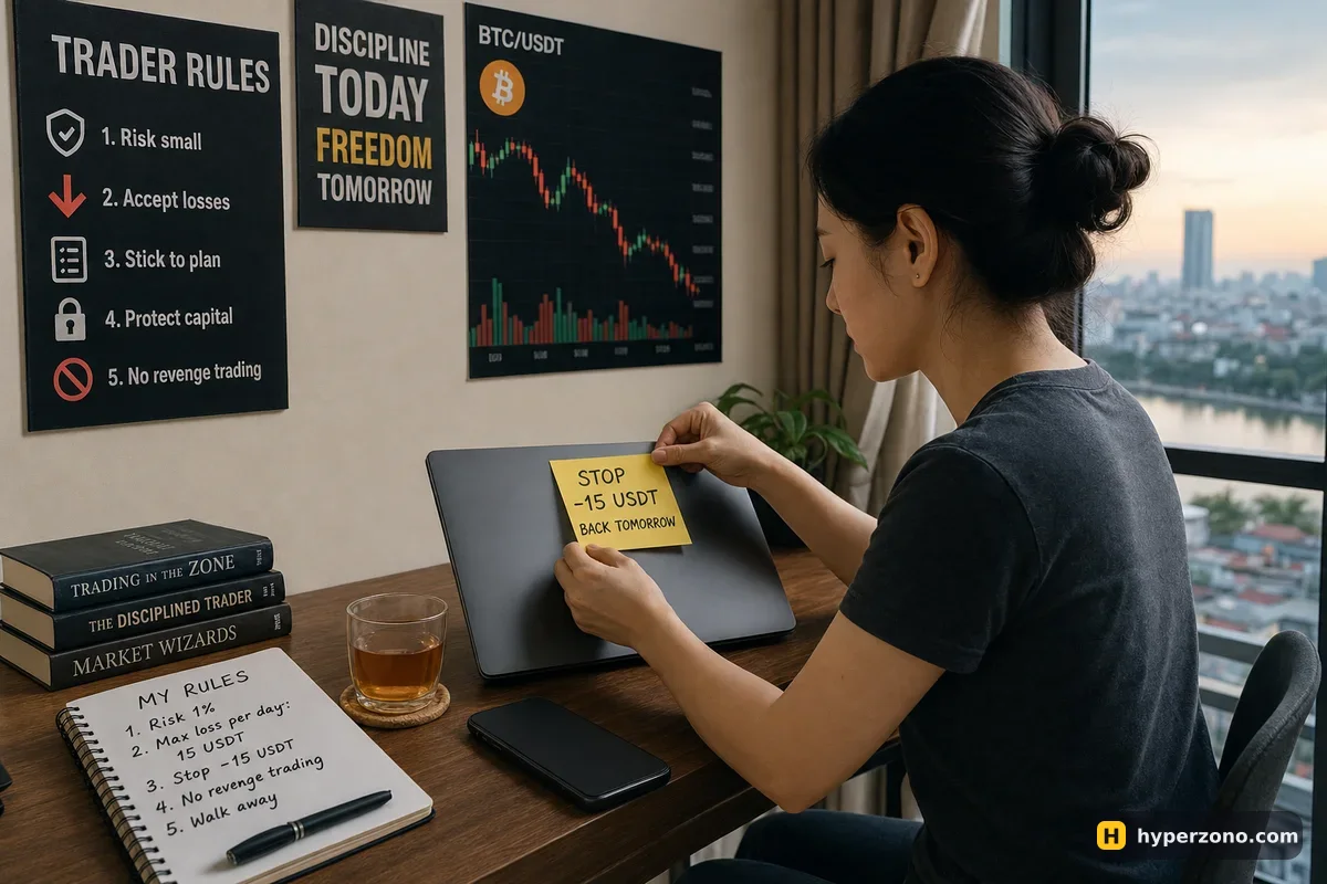 A woman sticking a note reading STOP -15 USDT, BACK TOMORROW onto her closed laptop before a trading session