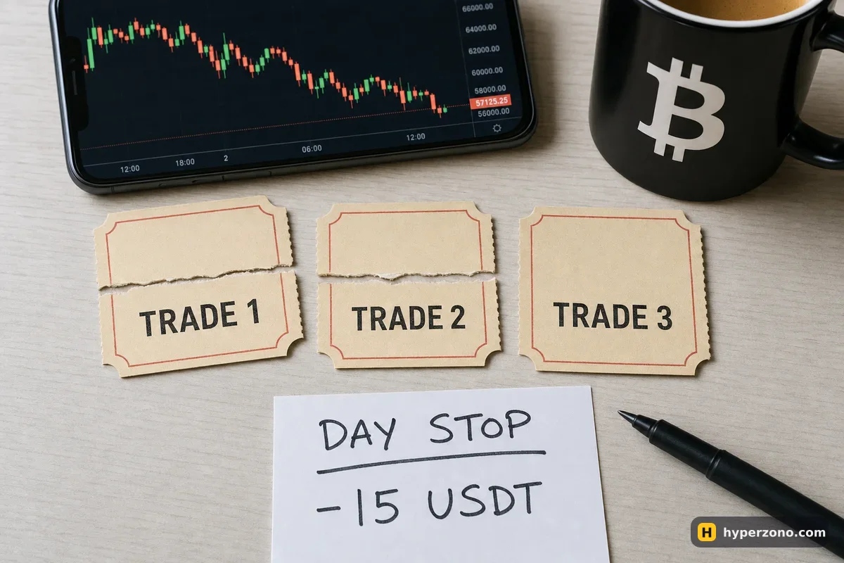 Three paper tickets labelled TRADE 1, TRADE 2 and TRADE 3 on a desk, two of them torn, next to a note reading DAY STOP -15 USDT
