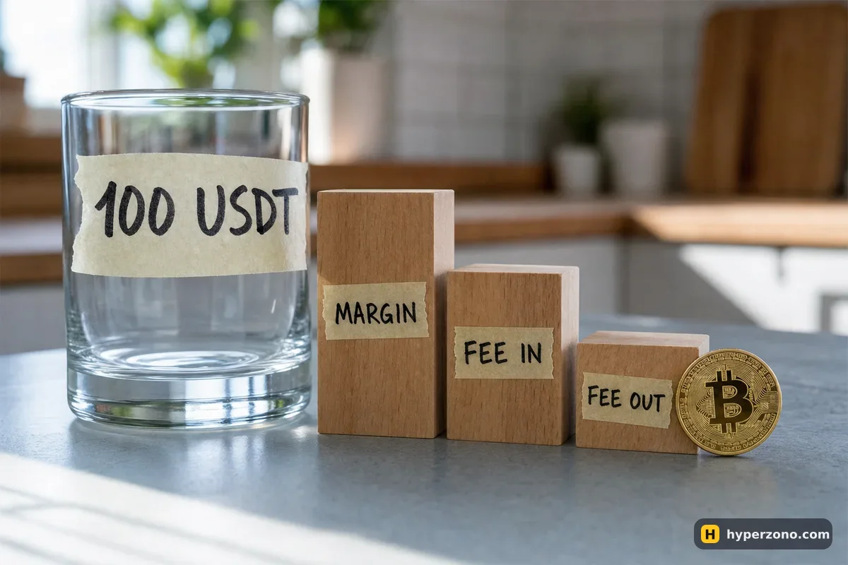 A glass marked 100 USDT next to three wooden blocks labelled MARGIN, FEE IN and FEE OUT on a kitchen table