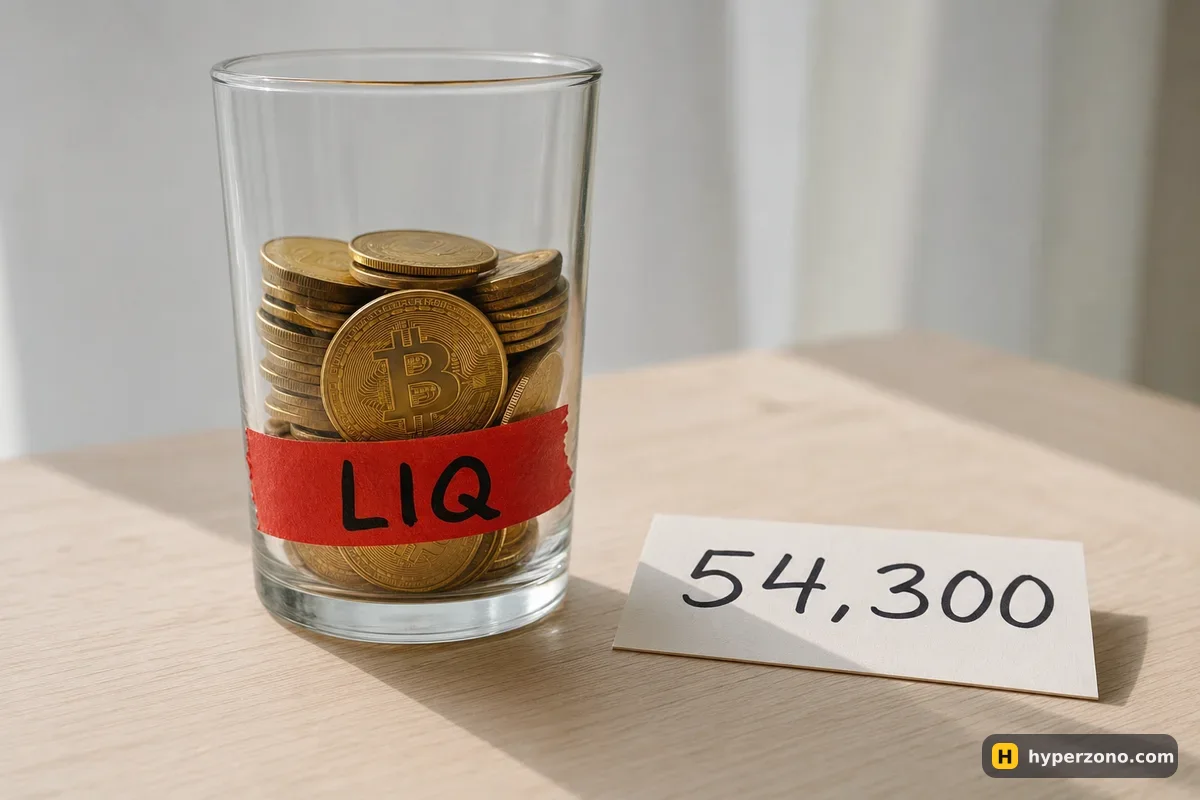 A glass of gold coins with a red tape line marked LIQ near the bottom and a card reading 54,300