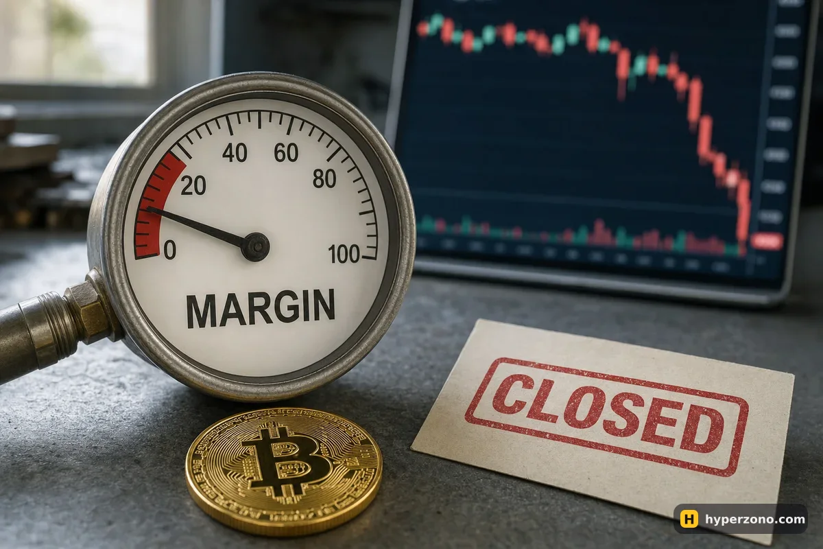 A round gauge labelled MARGIN with the needle in the red zone, next to a Bitcoin coin and a card stamped CLOSED
