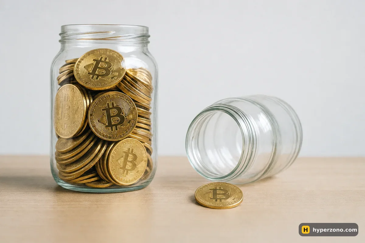 A full jar of Bitcoin coins beside an empty tipped-over jar with a single coin, showing a deposit wiped out