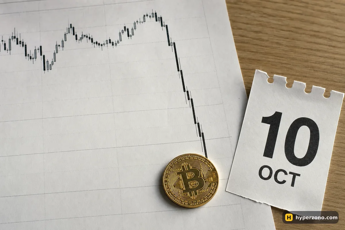 Printed candlestick chart with a steep drop, a Bitcoin coin lying at the bottom of the fall and a calendar sheet dated 10 OCT