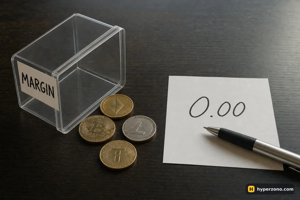 An empty box labelled MARGIN tipped over on a desk next to a paper slip showing 0.00