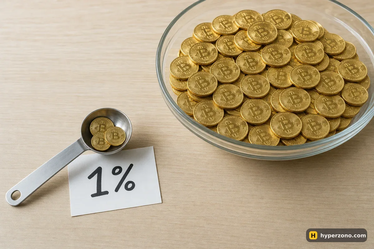 A measuring spoon holding three gold coins beside a large bowl of identical coins, with a card reading 1%