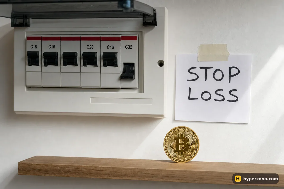 A fuse box with one breaker switched off, labelled STOP LOSS, with a Bitcoin coin on a shelf below