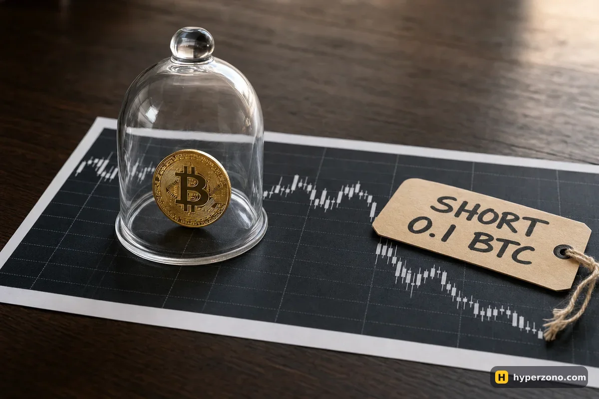 A Bitcoin coin under a glass dome on a falling price chart, next to a paper tag reading SHORT 0.1 BTC