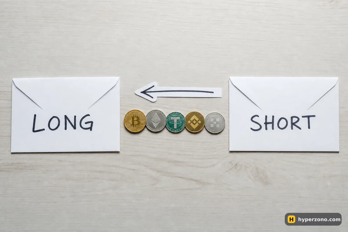 Two envelopes marked LONG and SHORT on a desk with coins and an arrow moving from one to the other