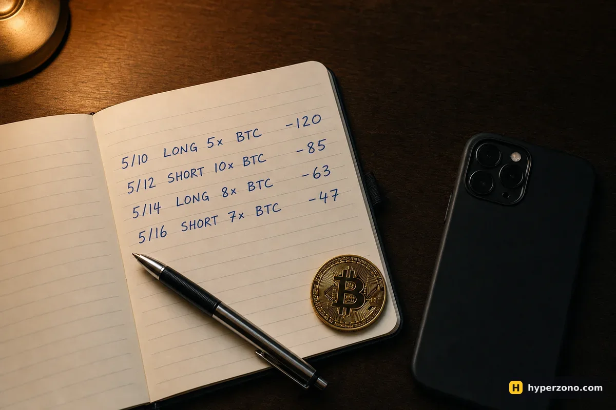 An open lined notebook on a desk with a few short handwritten trade notes, a pen and a Bitcoin coin