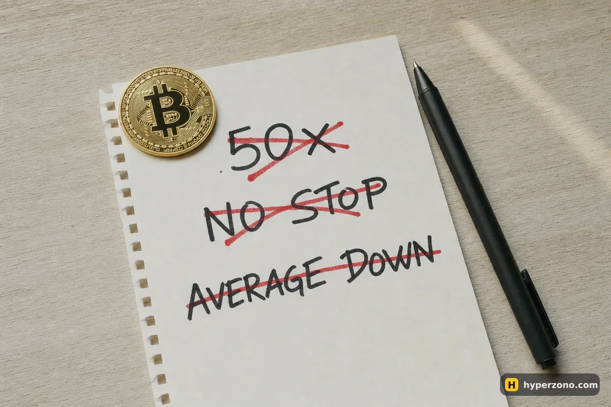A notepad page with 50x, NO STOP and AVERAGE DOWN written on it, each line crossed out in red marker
