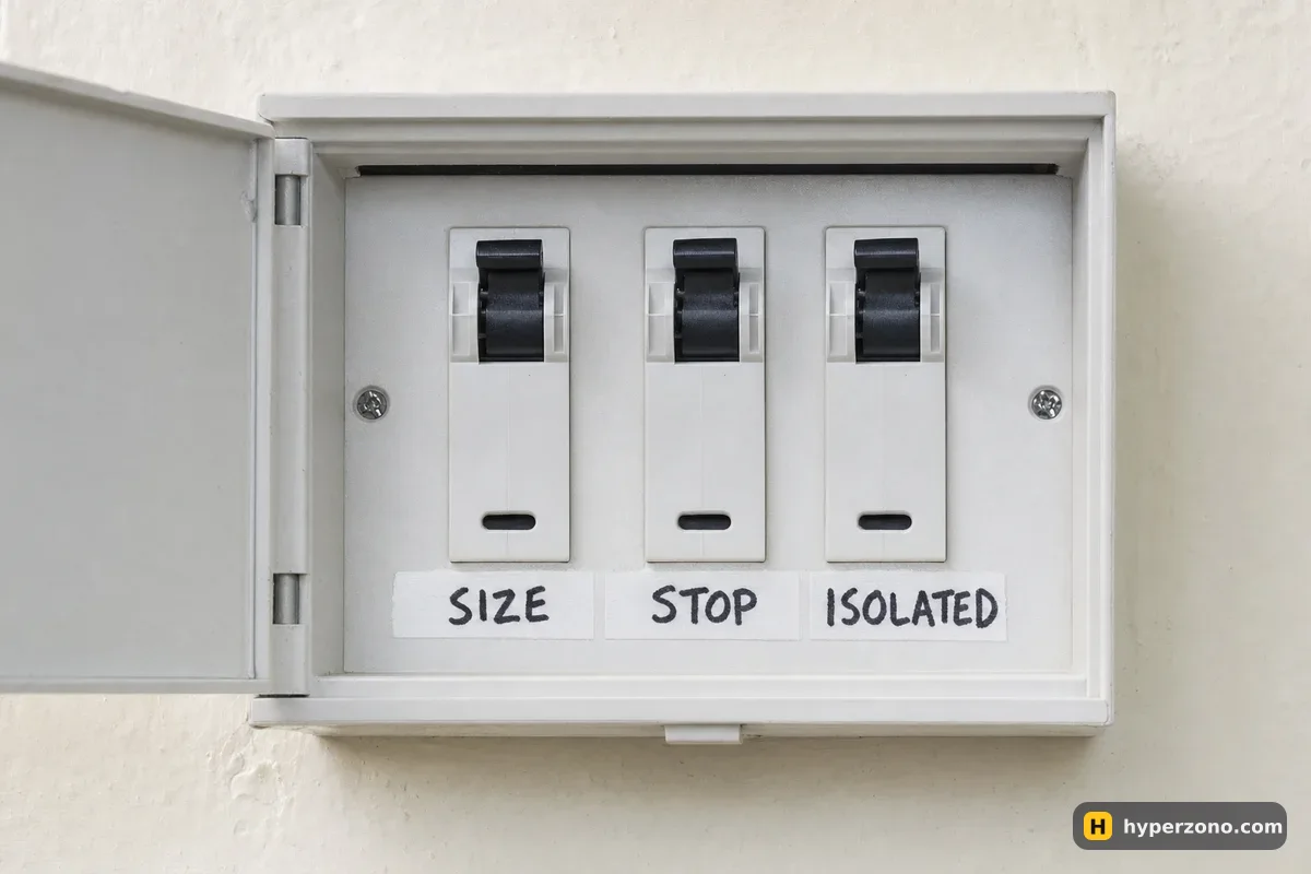An open fuse box with three switches labelled SIZE, STOP and ISOLATED, all switched on
