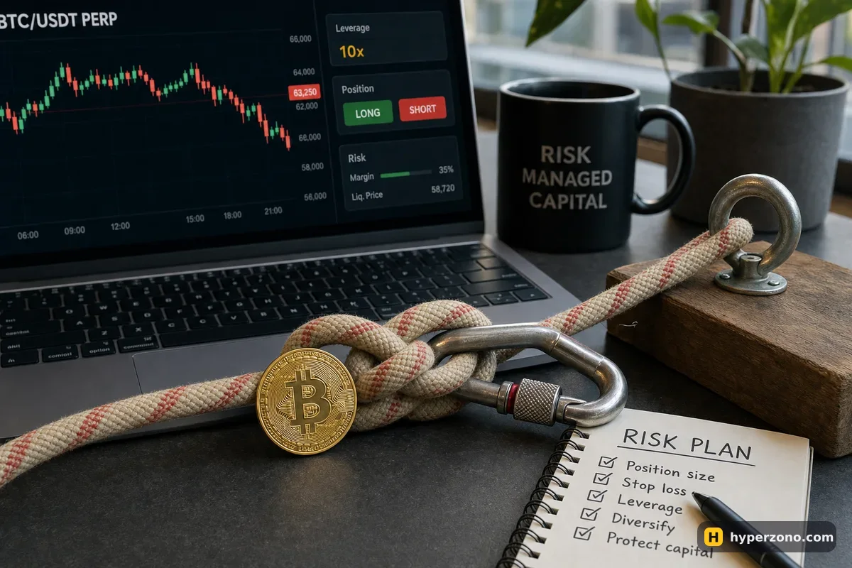 A climbing rope with a knot and carabiner anchored to a wooden block, with a Bitcoin coin resting against it