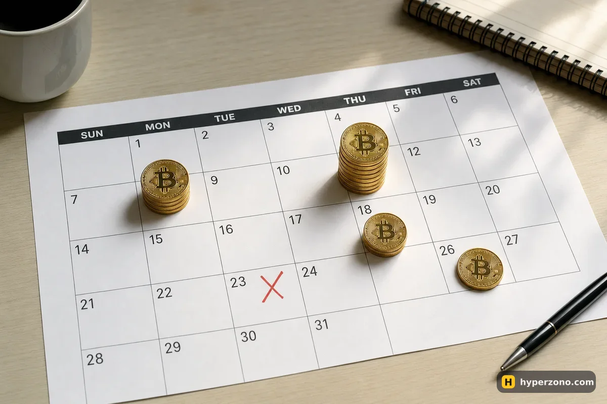 A printed monthly calendar where only a few days carry stacks of coins and most days are empty