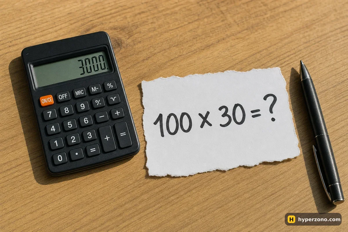 A pocket calculator showing 3000 next to a handwritten note reading 100 x 30