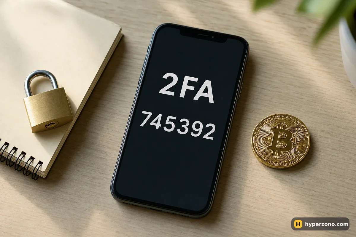 Phone showing a six-digit 2FA code next to a closed padlock, a notebook and a Bitcoin coin on a desk