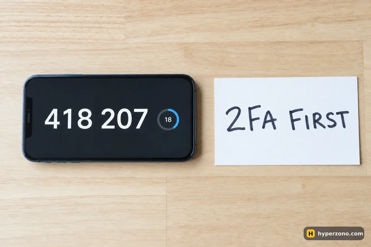 Phone showing a six-digit authenticator code next to a handwritten card reading 2FA FIRST