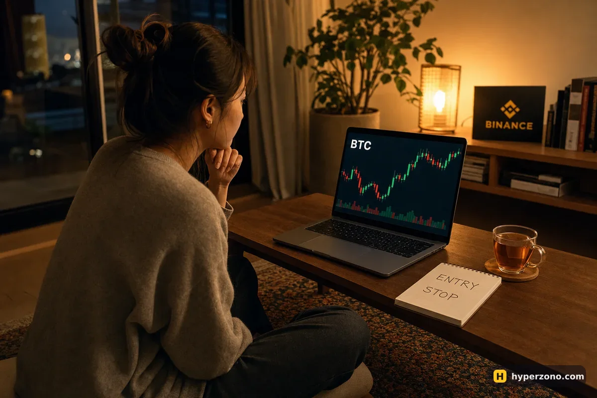 A woman practicing futures trading on a laptop at home in the evening with a bitcoin chart on screen